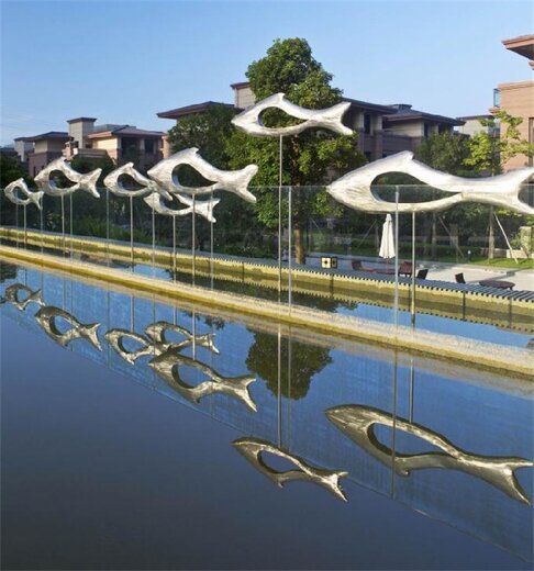 北京魚兒群雕塑規格,鏡面魚雕塑